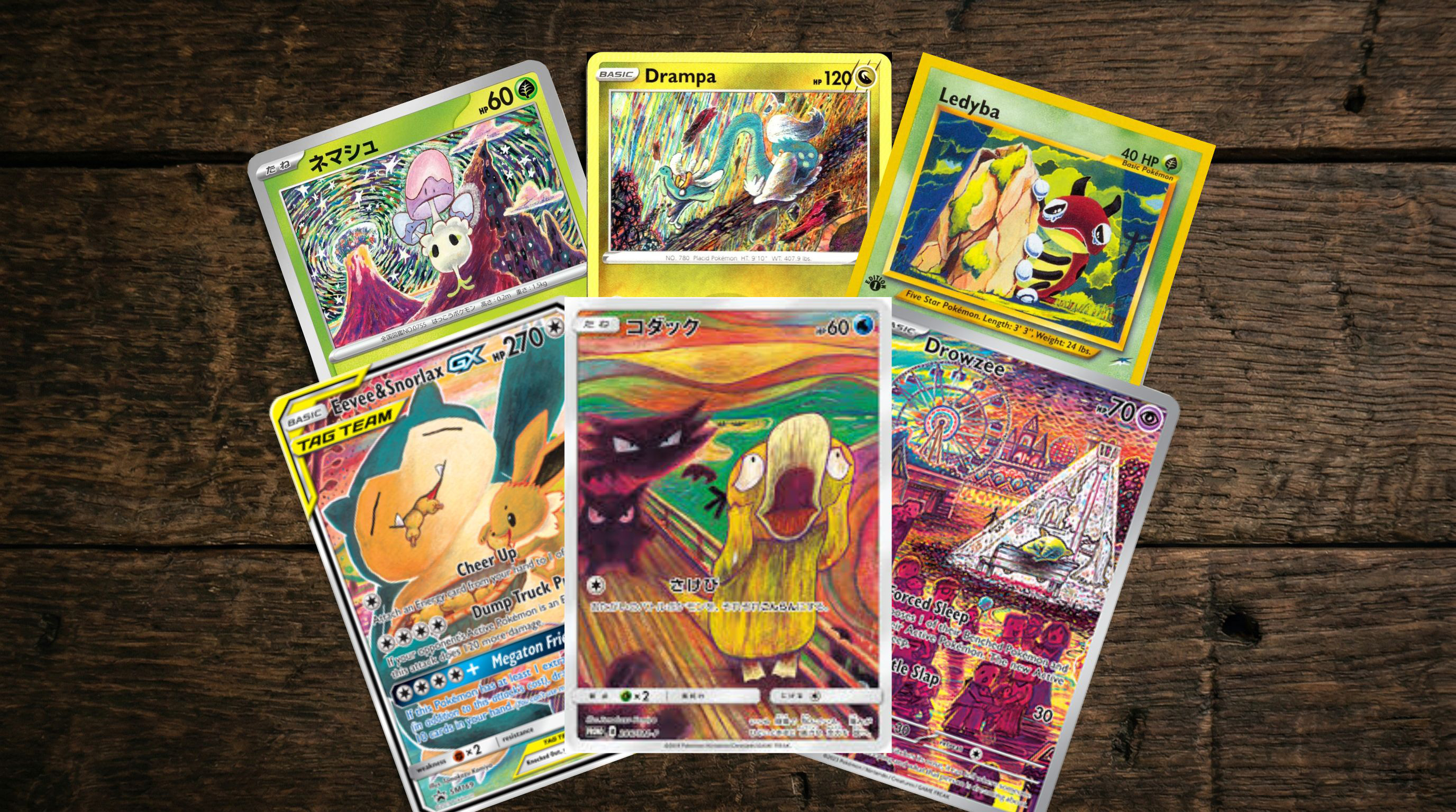 Cartas Pokémon TCG ilustradas por Tomokazu Komiya: estilo primitivista, traços deformados e cores vibrantes