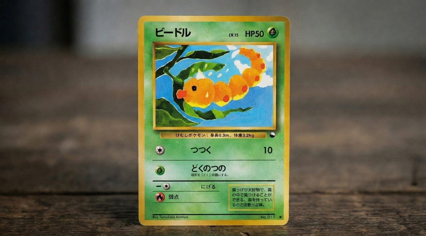 Carta Weedle ilustrada por Tomokazu Komiya, primeira ilustração para o Pokémon TCG, 1998 (lançamento japonês)